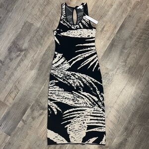 House of Harlow 1960 Black Beige Palm Leaf Knit Tank Midi Dress Size M